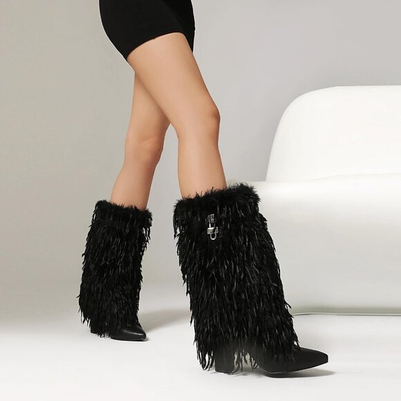 ⚡Women's Black Fold Over Faux Fur Mid Calf Boots Chunky Heel Point Toe - Picture 3 of 7